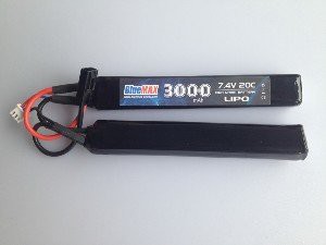 АКБ BlueMAX 7.4V Lipo 3000mAh 20C nunchuck 2x (17.6x25x128) М-серия цевье, приклад