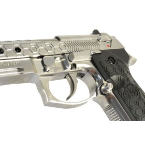 Страйкбольный пистолет WE M92 Hex cut silver gas HOPUP 6mm full metal GBB 25BBs